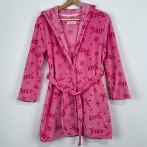 Juicy Couture Girls Y2K Preppy Loungewear Robe Sz 10/12 Pink Logo Hooded Fleece